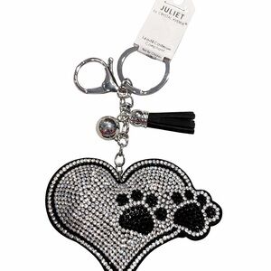 Crystal Heart Keychain with Black and Silver Paw Design